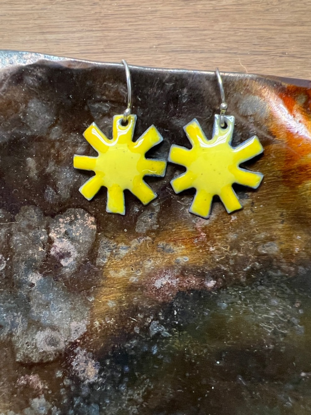 Yellow Sunburst Enamel Dangle Earrings